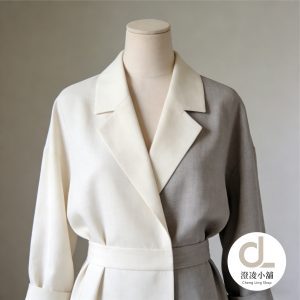 米白 × 霧灰拼色綁帶洋裝