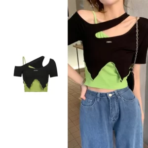 美式復古短版上衣女 抽繩 假兩件上衣 短款上衣 辣妹 性感 V領 修身顯瘦 上衣女 夏