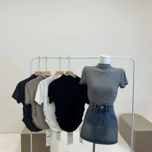 韓系10色 抓皺 螞蟻腰 短袖上衣 側抓皺 下圓弧 小立領 小高領上衣 半高領 女裝