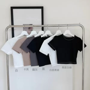 挺版顯胸短袖短版貼身素色圓領上衣