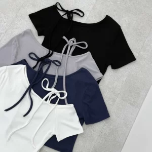 現貨 可甜可鹽～ 韓系綁帶斜肩棉質短袖上衣